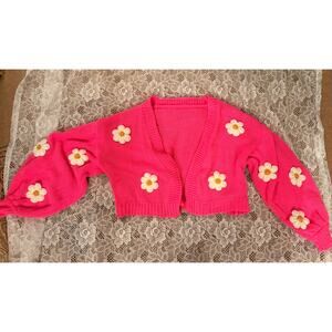 Pink handmade applique daisy sweater balloon sleeves chunky knit cropped short